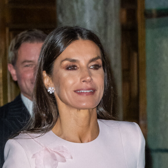 La reine Letizia d'Espagne reçue par la reine Silvia de Suède lors d'un déjeuner à la mairie de Stockholm, le 25 novembre 2021.