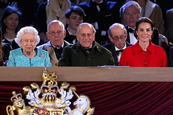 La reine Elisabeth II d'Angleterre, le prince Philip, duc d'Edimbourg, et Kate Catherine Middleton, duchesse de Cambridge - La famille royale d'Angleterre lors des célébrations du 90ème anniversaire de la reine Elisabeth II au château de Windsor. Le 15 mai 2016