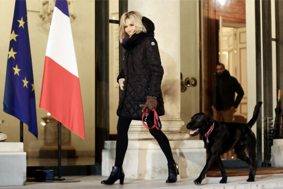 La première dame Brigitte Macron promène son chien Nemo autour du palais de l'Elysée à Paris. © Stéphane Lemouton/Bestimage