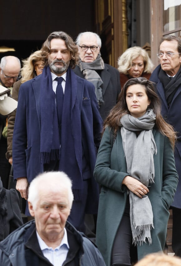 Frédéric Beigbeder et sa femme Lara Micheli lors des obsèques de Michel Legrand en la cathédrale orthodoxe Saint-Alexandre-Nevsky à Paris, le 1er février 2019. 