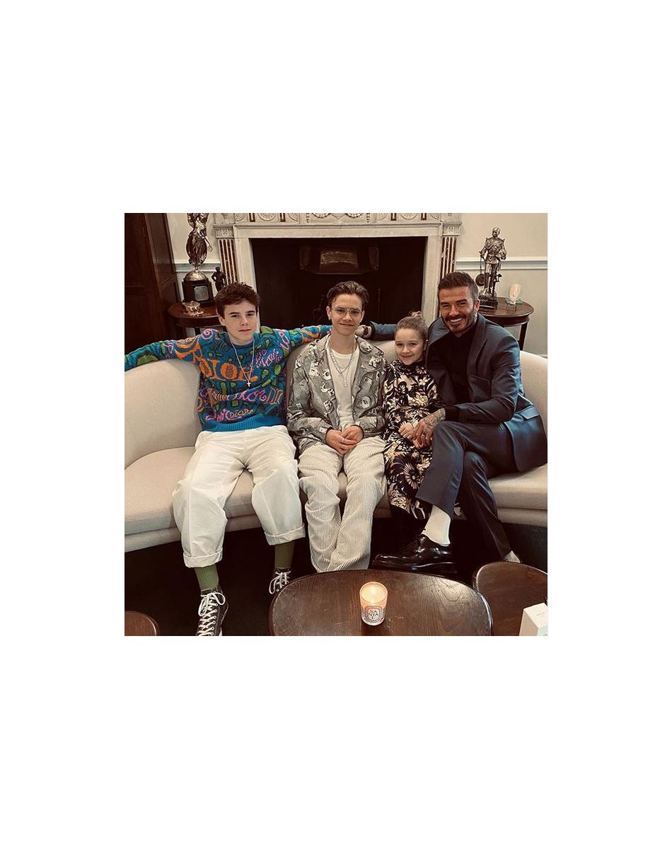 David Beckham et ses trois enfants Cruz, Romeo et Harper assistent au défilé Victoria Beckham (collection automne-hiver 2020-2021) à la Banqueting House. Londres, le 16 février 2020.