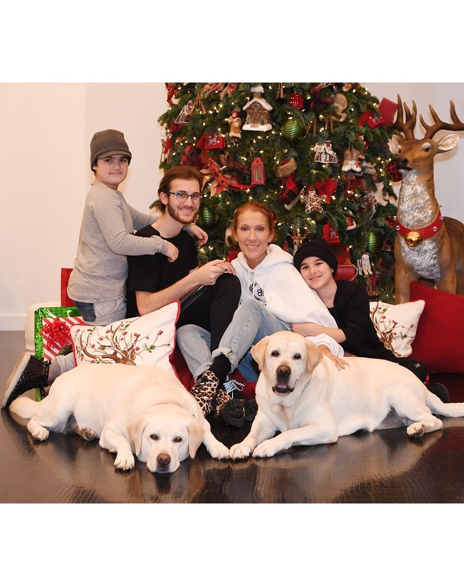 Céline Dion avec ses 3 fils, René-Charles er les jumeaux Nelson et Eddy, et ses chiens Charlie et Bear pour le réveillon de Noël le 24 décembre 2018.