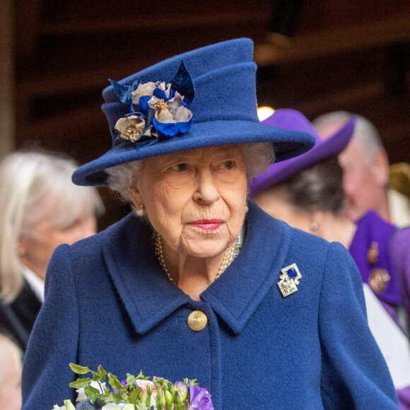 La reine Elisabeth II d'Angleterre arrive à un service d'action de grâce à l'abbaye de Westminster pour marquer le centenaire de la Royal British Legion, à Londres, Royaume Uni, le 12 octobre 2021. 