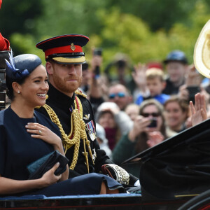 Le prince Harry, duc de Sussex, et Meghan Markle, duchesse de Sussex, première apparition publique de la duchesse depuis la naissance du bébé royal Archie lors de la parade Trooping the Colour 2019, célébrant le 93ème anniversaire de la reine Elisabeth II, au palais de Buckingham, Londres, le 8 juin 2019.