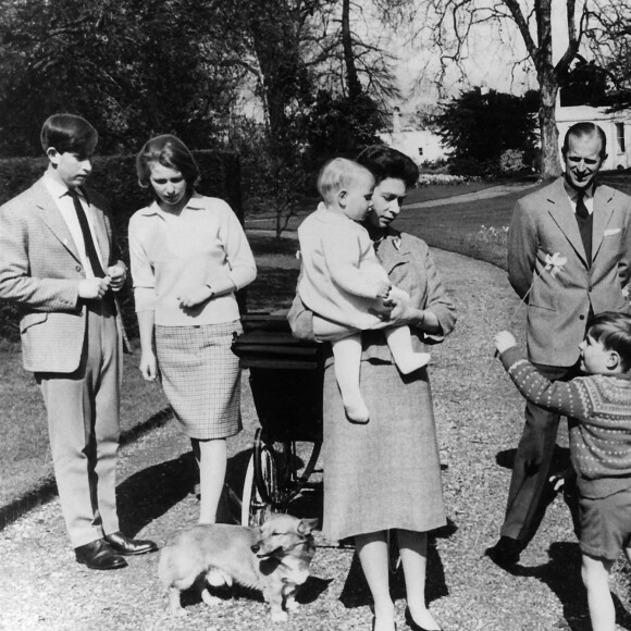 La reine Elisabeth II d'Angleterre, le prince Philip, duc d'Edimbourg, et leurs enfants, le prince Charles, la princesse Anne, le prince Edward et le prince Andrew promènent leurs corgis, en 1965.