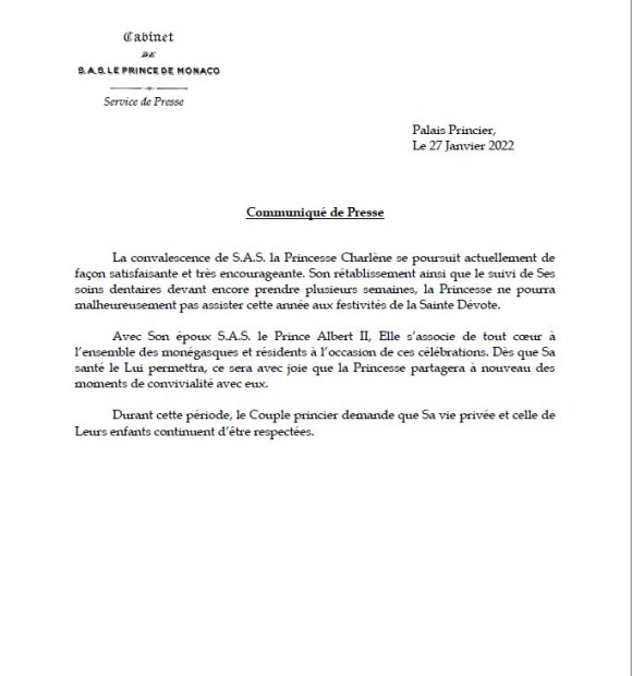 Communiqué de presse du palais princier de Monaco quant à l'état de santé de la princesse Charlene.