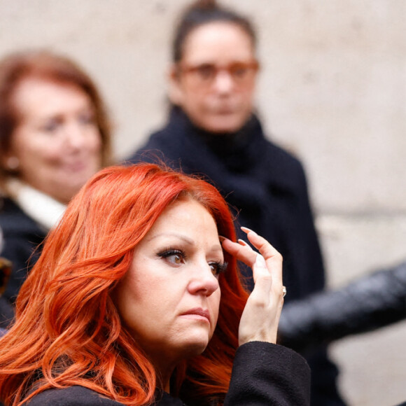 Cindy Sander - Sorties des obsèques de Thierry Mugler au temple protestant de l'Oratoire du Louvre à Paris le 4 février 2022.