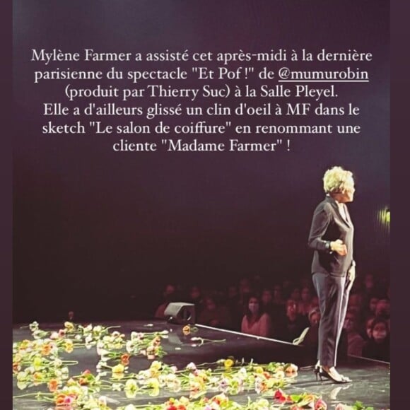 Mylène Farmer assiste au spectacle de Muriel Robin. Le 13 février 2022.