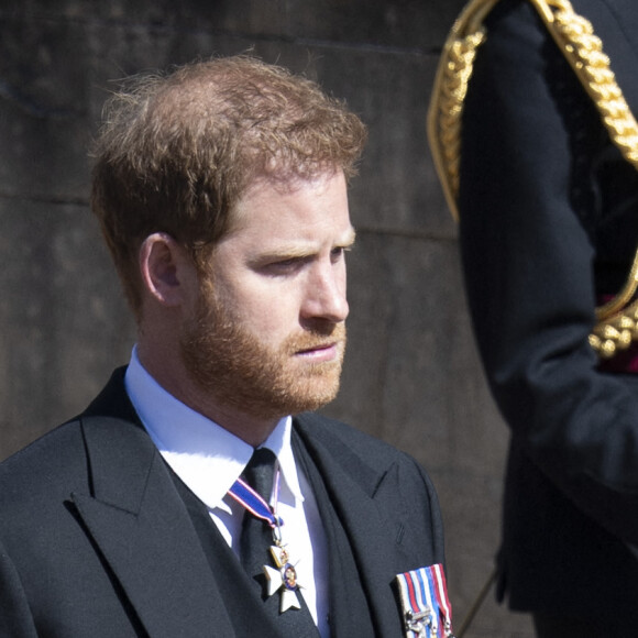 Le prince Harry, duc de Sussex - Arrivées aux funérailles du prince Philip, duc d'Edimbourg à la chapelle Saint-Georges du château de Windsor, le 17 avril 2021. 