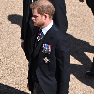 Le prince Harry, duc de Sussex - Arrivées aux funérailles du prince Philip, duc d'Edimbourg à la chapelle Saint-Georges du château de Windsor, le 17 avril 2021. 