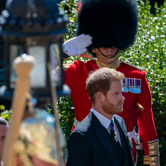 Le prince Harry, duc de Sussex - Arrivées aux funérailles du prince Philip, duc d'Edimbourg à la chapelle Saint-Georges du château de Windsor, le 17 avril 2021. 