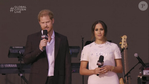 Capture d'écran de l'intervention du Prince Harry et sa femme Meghan Markle pendant le concert "Global Citizen Live" à New York, le 26 septembre 2021.