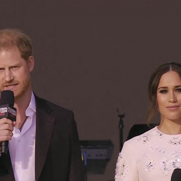 Capture d'écran de l'intervention du Prince Harry et sa femme Meghan Markle pendant le concert "Global Citizen Live" à New York, le 26 septembre 2021.