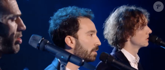 Jérôme, Jean et Jules de l'équipe de Marc Lavoine s'affrontent lors des battles de "The Voice 11" - Émission du 2 avril 2022, TF1