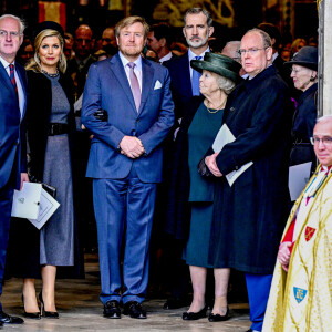 La reine Margrethe II de Danemark et La princesse Beatrix des Pays-Bas, La reine Maxima et le roi Willem-Alexander des Pays-Bas, Le roi Felipe VI d'Espagne, Le prince Albert II de Monaco - Service d'action de grâce en hommage au prince Philip, duc d'Edimbourg, à l'abbaye de Westminster à Londres.