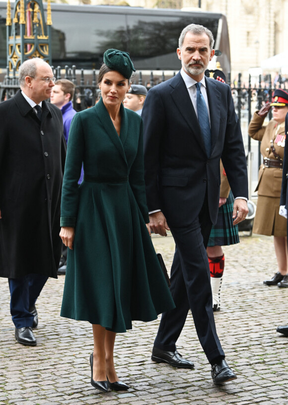 Le roi Felipe VI et la reine Letizia d'Espagne - Service d'action de grâce en hommage au prince Philip, duc d'Edimbourg, à l'abbaye de Westminster à Londres, le 29 mars 2022. Le prince Philip, duc d'Edimbourg, est décédé le 9 avril 2021.