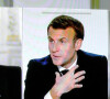 Interview télévisée du président de la république, Emmanuel Macron par les journalistes Anne- Sophie Lapix (France Televisions) et Gilles Bouleau (TF1), au palais de l'Elysée, Paris, le 14 octobbre 2020.
