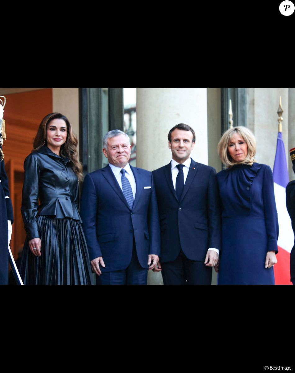 La reine Rania, le roi Abdallah II de Jordanie, le président Emmanuel Macron, la première dame Brigitte Macron - Le président de la République française et sa femme accueillent le roi et la reine de Jordanie au palais de l'Elysée à Paris le 29 mars 2019. © RHC via Bestimage