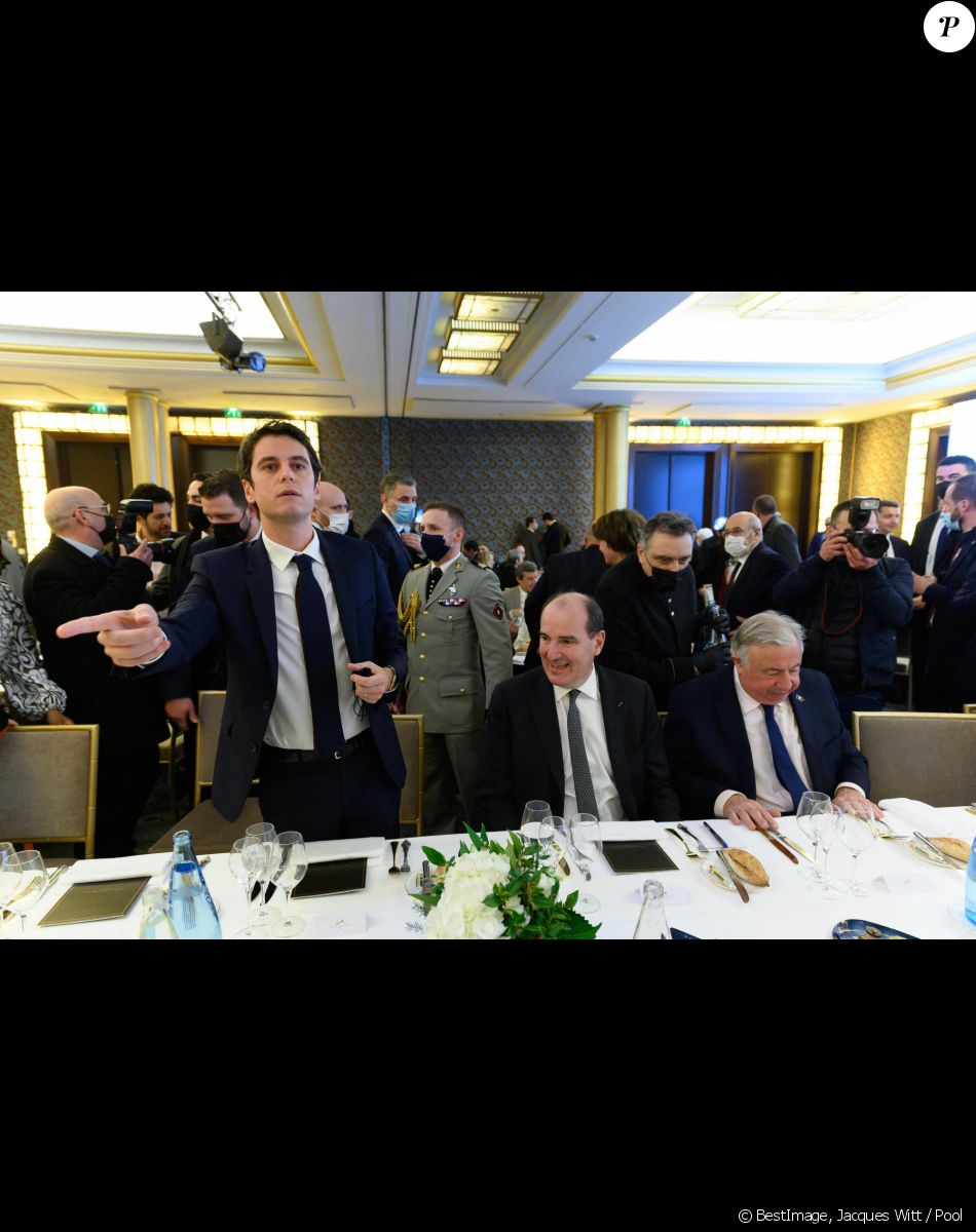 Gabriel Attal, le premier ministre Jean Castex, Gérard Larcher, président du Sénat - Dîner annuel du Conseil de Coordination des organisations Arméniennes de France (CCAF) à L'Hôtel du Collectionneur à Paris le 8 février 2022