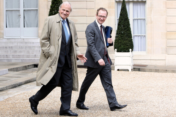 Claude Bebear et Laurent Bigorgne après un rendez-vous avec François Hollande le 15 avril 2013