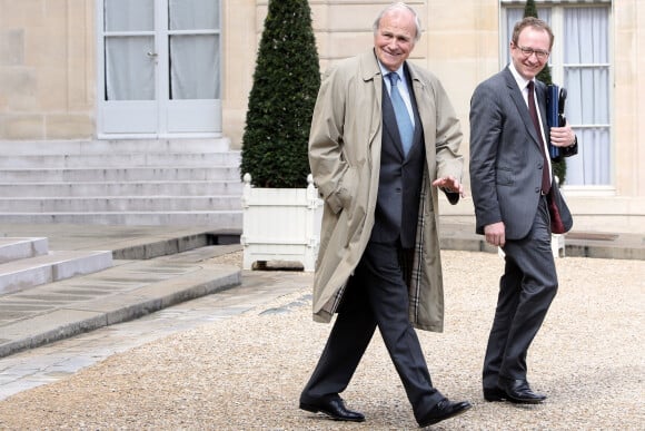 Claude Bebear (L), AXA Group Honorary Chairman and President of the Institut Montaigne think tank, and Laurent Bigorgne, Institut Montaigne Managing Director leave the Elysee presidential palace after their meeting with President Francois Hollande, in Paris, France on April 15, 2013. Photo by Stephane Lemouton/ABACAPRESS.COM 