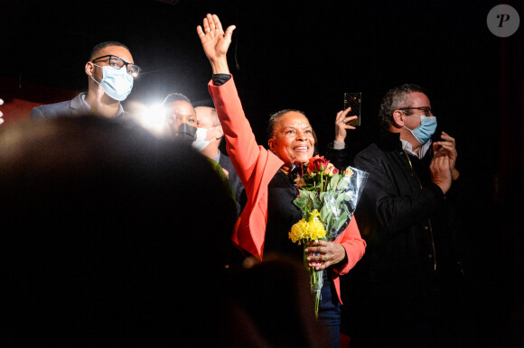Christiane Taubira, gagnante de la primaire populaire et candidate à l'élection présidentielle 2022, est en meeting à Créteil le 12 février 2022