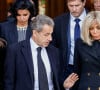 Carla Bruni, Nicolas Sarkozy, Brigitte Macron - Sorties des obsèques de Jean-Pierre Pernaut en la Basilique Sainte-Clotilde à Paris le 9 mars 2022