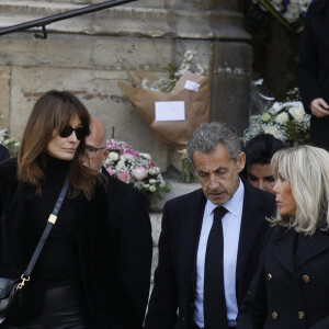 Valérie Pécresse, Carla Bruni, Nicolas Sarkozy et Brigitte Macron - Sorties des obsèques de Jean-Pierre Pernaut en la Basilique Sainte-Clotilde à Paris, France, le 9 mars 2022.
