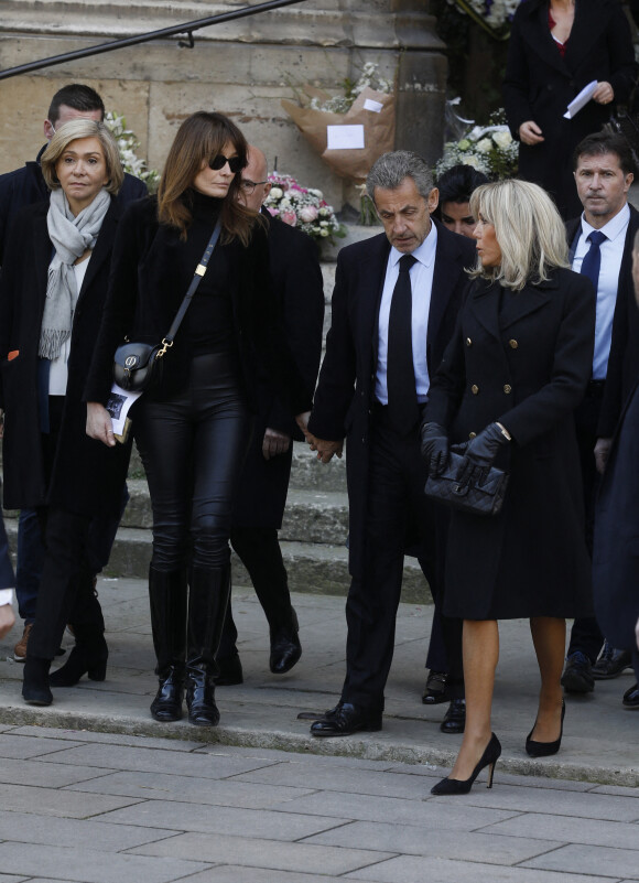 Valérie Pécresse, Carla Bruni, Nicolas Sarkozy et Brigitte Macron - Sorties des obsèques de Jean-Pierre Pernaut en la Basilique Sainte-Clotilde à Paris, France, le 9 mars 2022.