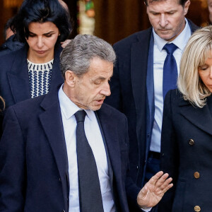 Carla Bruni, Nicolas Sarkozy, Brigitte Macron - Sorties des obsèques de Jean-Pierre Pernaut en la Basilique Sainte-Clotilde à Paris le 9 mars 2022