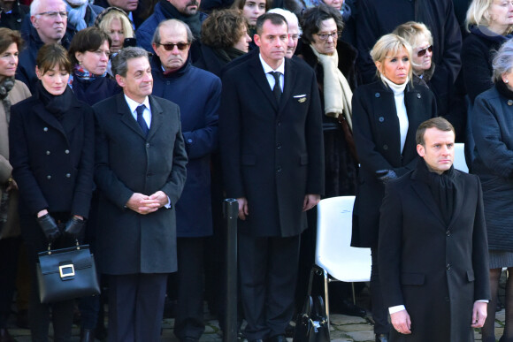 Carla Bruni-Sarkozy, Nicolas Sarkozy, la première dame Brigitte Macron (Trogneux), le président Emmanuel Macron lors de la cérémonie d'hommage national à Jean d'Ormesson à l'hôtel des Invalides à Paris