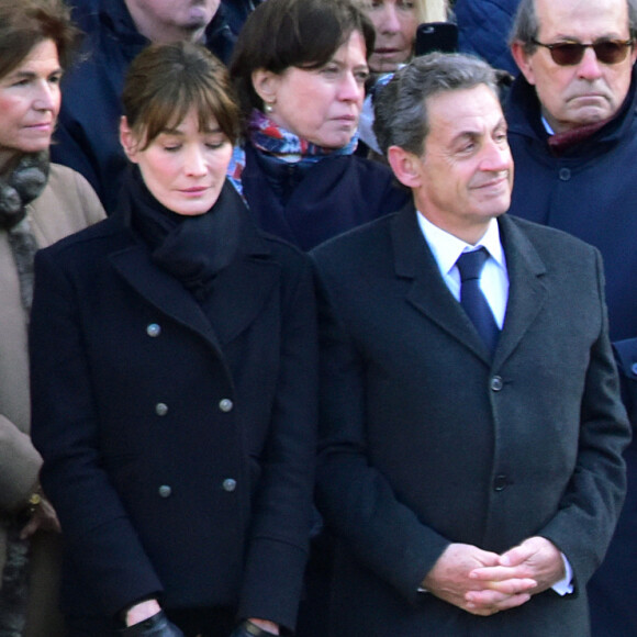 Carla Bruni-Sarkozy, Nicolas Sarkozy, la première dame Brigitte Macron (Trogneux), le président Emmanuel Macron lors de la cérémonie d'hommage national à Jean d'Ormesson à l'hôtel des Invalides à Paris