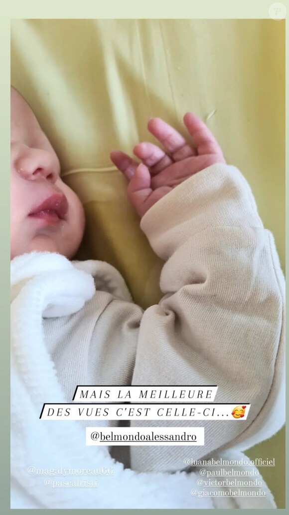Méliné Ristiguian présente son premier enfant, un garçon, fruit de son amour pour Alessandro Belmondo, petit-fils de Jean-Paul Belmondo. Photo publiée sur Instagram le 11 avril 2022.
