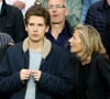 Exclusif - Claire Chazal avec son fils François Poivre d'Arvor et un ami assistent au quart finale de la Ligue des Champions de football au Parc des Princes entre le PSG et le FC Barcelone à Paris le 15 avril 2015.