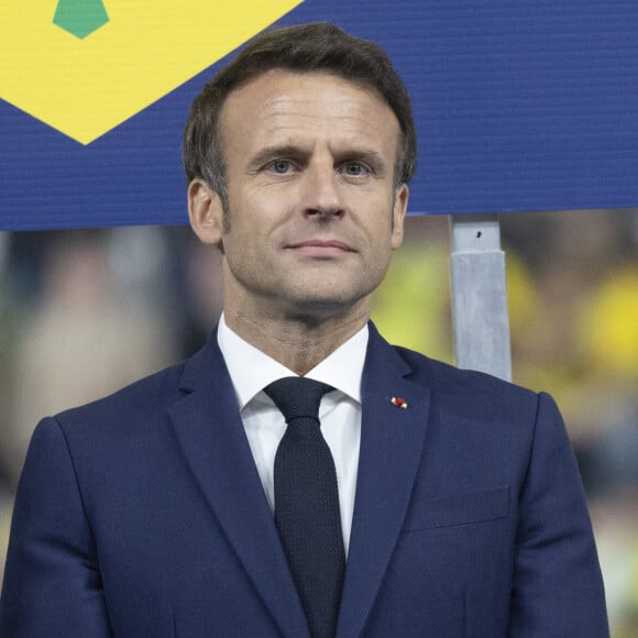 Emmanuel Macron - Le président de la république lors de la finale de la Coupe de France de football entre le FC Nantes et l'OGC Nice (1-0) au stade de France à Saint-Denis le 7 mai 2022 © Cyril Moreau / Bestimage 