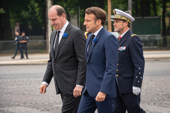 Jean Castex, premier ministre avec Emmanuel Macron, président de la Republique, lors d'une cérémonie devant la statue du Général Charles de Gaulle, dans le cadre de la cérémonie de commémoration du 8 mai 1945. Paris le 8 mai 2022