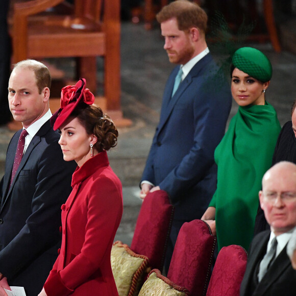 Le prince William, duc de Cambridge, et Catherine (Kate) Middleton, duchesse de Cambridge, Le prince Harry, duc de Sussex, Meghan Markle, duchesse de Sussex - La famille royale d'Angleterre lors de la cérémonie du Commonwealth en l'abbaye de Westminster à Londres le 9 mars 2020. 