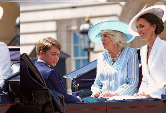 Le prince George, Camilla Parker Bowles, duchesse de Cornouailles, Kate Middleton, duchesse de Cambridge - Les membres de la famille royale lors de la parade militaire "Trooping the Colour" dans le cadre de la célébration du jubilé de platine (70 ans de règne) de la reine Elizabeth II à Londres, le 2 juin 2022.