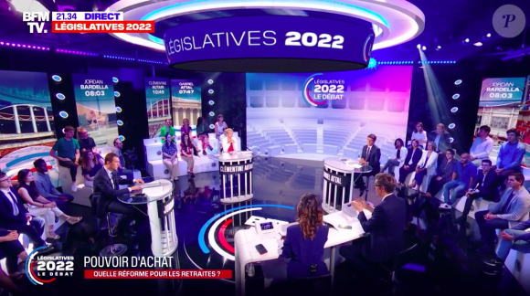Image du débat de BFMTV pour l'entre-deux-tours des législatives diffusé le 16 juin 2022 : les invités sont Jordan Bardella (RN), Clémentine Autain (Nupes) et Gabriel Attal (LREM)