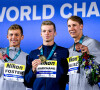 Léon Marchand (Or) sacré champion du monde en 400 m quatre nages individuel hommes avec Carson Foster (Argent) et Chase Kalisz (Bronze) lors de championnats du monde de natation à Budapest, Hongrie, le 18 juin 2022. © Deepbluemedia/Panoramic/Bestimage
