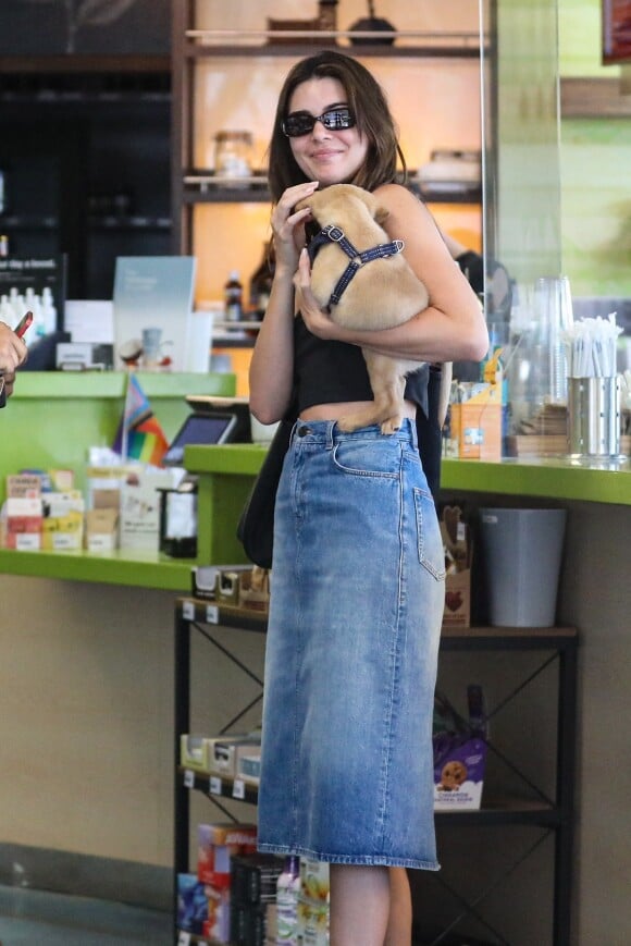 Kendall Jenner caresse un chiot en allant s'acheter un smoothie chez "Earthbar" à Los Angeles. 