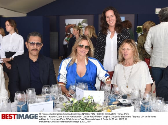 Exclusif - Roshdy Zem, Sarah Poniatowski, Louise Rochefort et Virginie Coupérie-Eiffel dans l'Espace VIP de la 8ème édition du "Longines Paris Eiffel Jumping" au Champ de Mars à Paris, le 26 juin 2022. © Perusseau/Gorassini/Tribeca/Bestimage