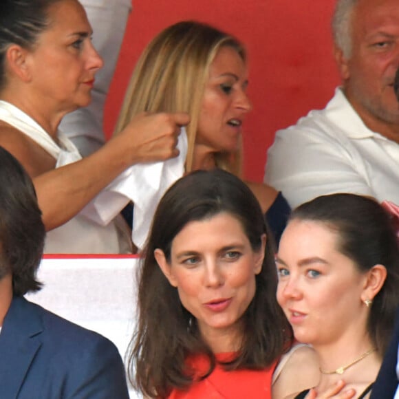 Dimitri Rassam, sa femme Charlotte Casiraghi, la princesse Alexandra de Hanovre et son fiancé Ben-Sylvester Strautmann durant le Jumping International de Monaco, 16eme édition du Longines Global Champions Tour, le 1er juillet 2022. © Bruno Bebert / Bestimage 