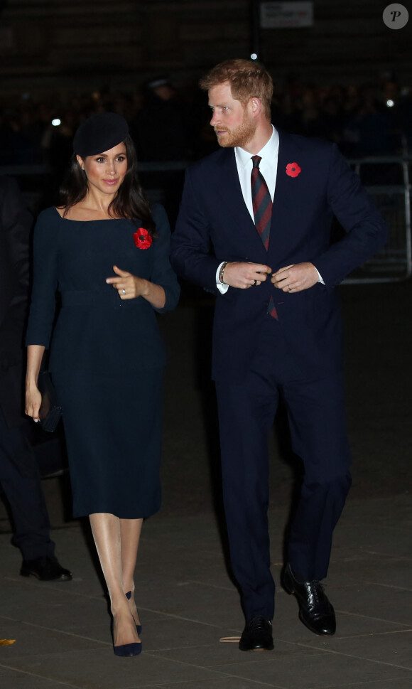 Le prince Harry, duc de Sussex, et Meghan Markle (enceinte), duchesse de Sussex - La famille royale d'Angleterre à son arrivée à l'abbaye de Westminster pour un service commémoratif pour le centenaire de la fin de la Première Guerre Mondiale à Londres. Le 11 novembre 2018 