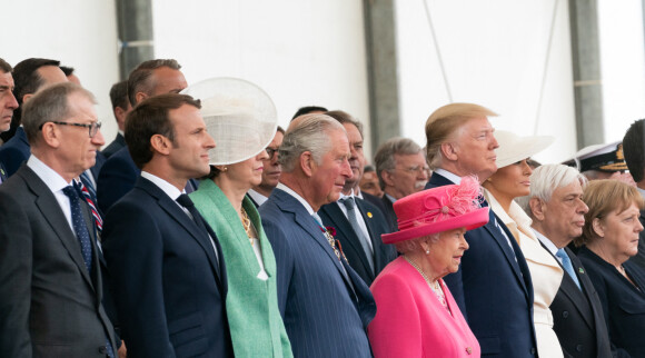 Philip May, Emmanuel Macron, Theresa May, le prince Charles, la reine Elisabeth II d'Angleterre, le président des Etats-Unis Donald Trump et sa femme Melania, le prince Charles et la reine Elisabeth II d'Angleterre - Cérémonie à Portsmouth pour le 75ème anniversaire du débarquement en Normandie pendant la Seconde Guerre Mondiale. Le 5 juin 2019