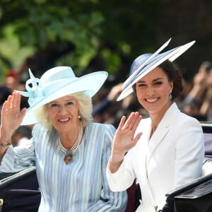 Camilla Parker Bowles, duchesse de Cornouailles, Catherine (Kate) Middleton, duchesse de Cambridge, le prince George de Cambridge - Les membres de la famille royale lors de la parade militaire "Trooping the Colour" dans le cadre de la célébration du jubilé de platine (70 ans de règne) de la reine Elizabeth II à Londres, le 2 juin 2022. 