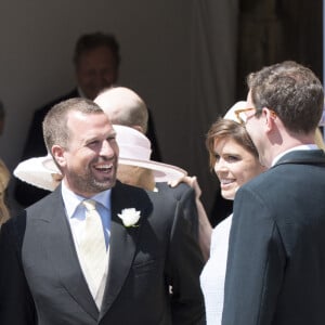 Peter Phillips et Autumn Phillips et la princesse Eugénie d'York - Les invités arrivent à la chapelle St. George pour le mariage du prince Harry et de Meghan Markle au château de Windsor, Royaume Uni, le 19 mai 2018. 