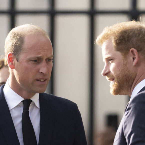 Le prince de Galles William, le prince Harry, duc de Sussex à la rencontre de la foule devant le château de Windsor, suite au décès de la reine Elisabeth II d'Angleterre. Le 10 septembre 2022 