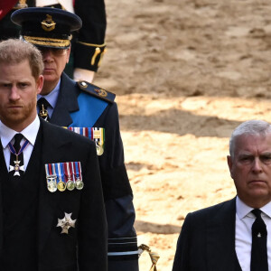 Le prince Harry, duc de Sussex, le prince Andrew, duc d'York - Procession cérémonielle du cercueil de la reine Elisabeth II du palais de Buckingham à Westminster Hall à Londres. Le 14 septembre 2022 