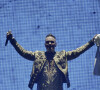 Robbie Williams en concert lors de sa tournée "25 Years of Hits Tour" à l'O2 Arena à Londres, le 9 octobre 2022.